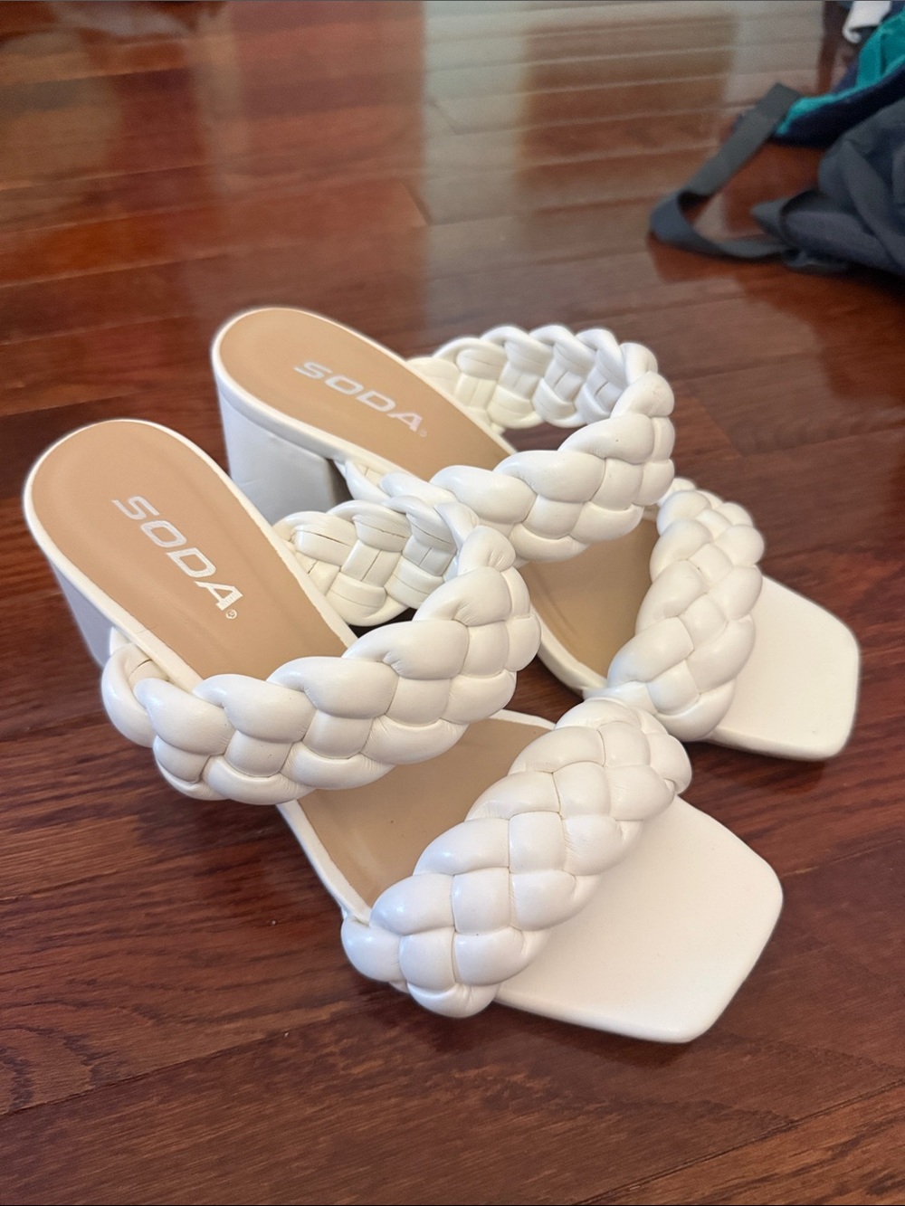 Soda White Braided Strap Block Heel Mules
